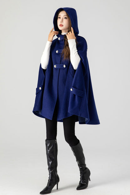 Handmade Blue Wool Cape Coat – Hooded Double-Breasted Winter Overcoat | Xiaolizi 4601
