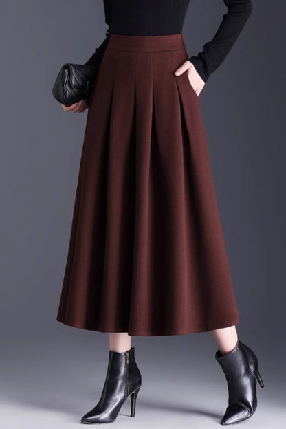 Burgundy Wool Midi Skirt - Pleated A-Line Silhouette 6138