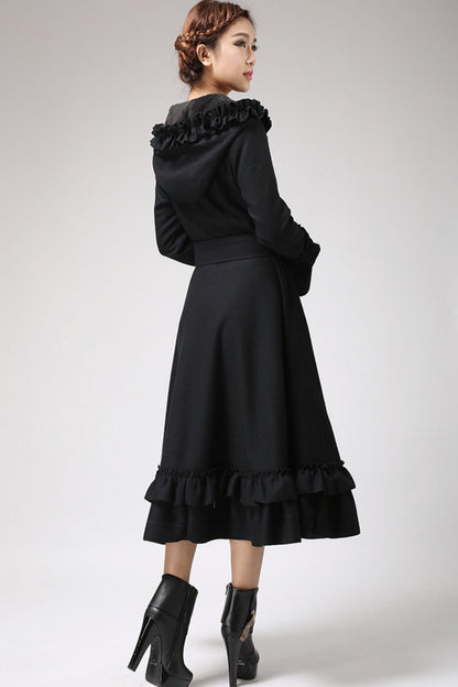 Women’s Hooded Wool Coat – Long Maxi Winter Coat with Ruffle Details 0713
