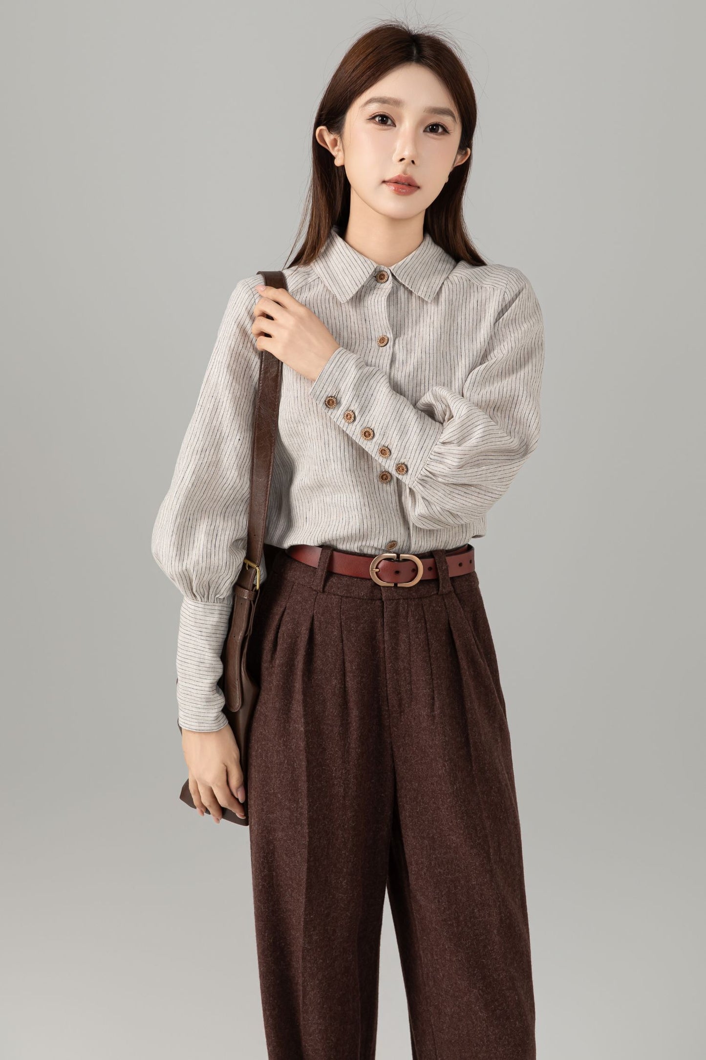 Striped Linen Shirt - Puff Sleeve Button Front | Xiaolizi 6544