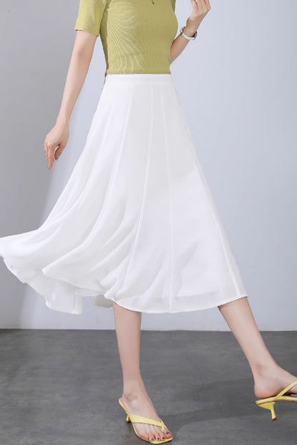 Green Chiffon A-Line Midi Skirt - Flowy Swing Silhouette 6129