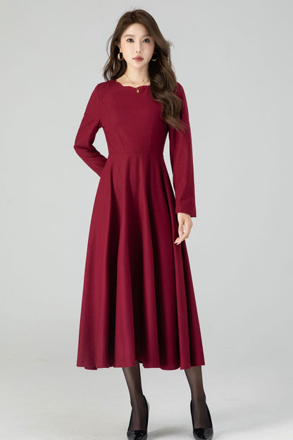 Burgundy Wool Midi Dress - Fit and Flare with Wave Neckline 4546