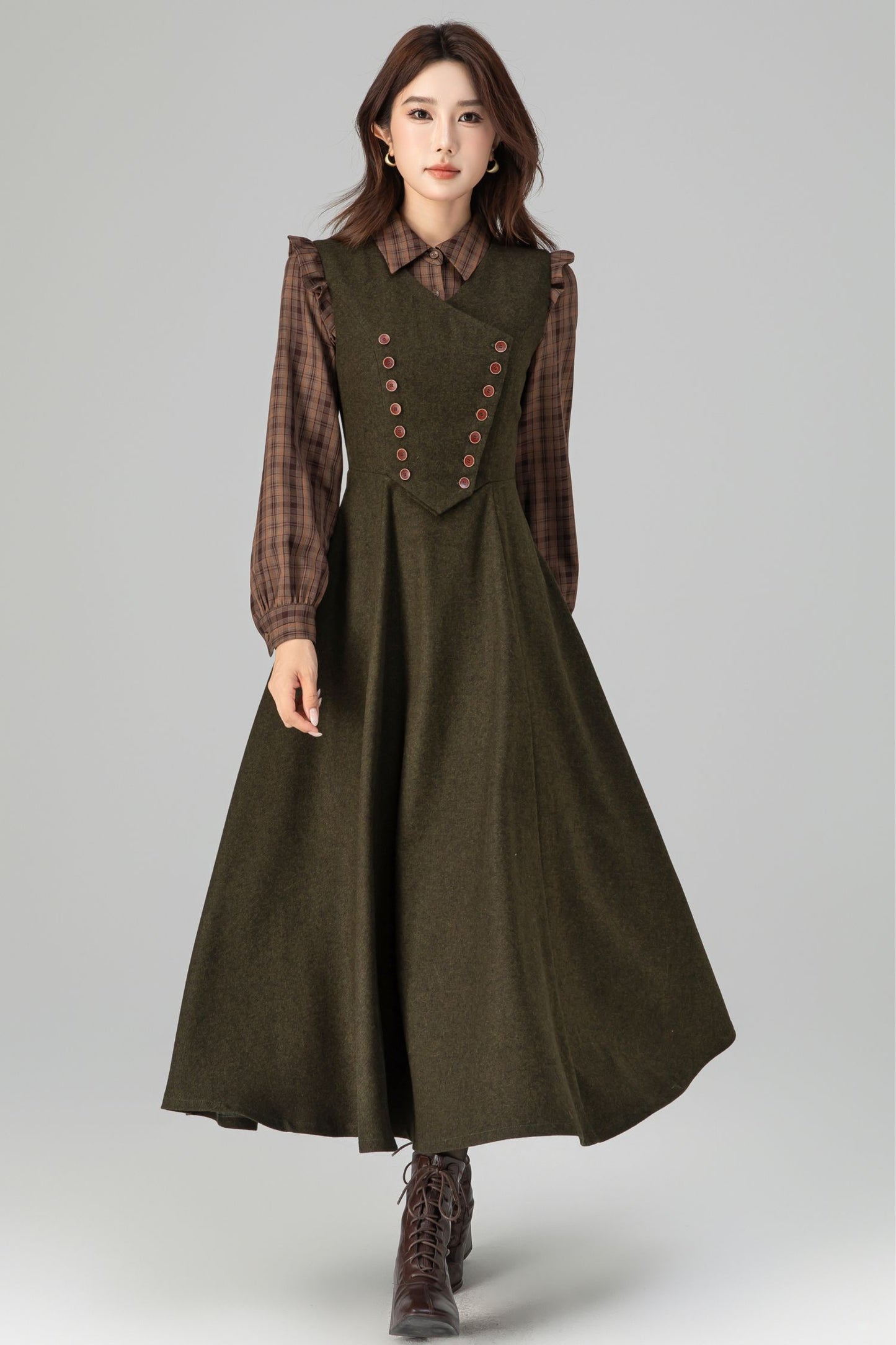 Army Green Wool Pinafore Dress – Vintage Sleeveless Long Winter Dress with Pockets 6394