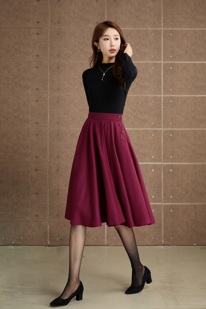 Burgundy knee length swing wool skirt 5362