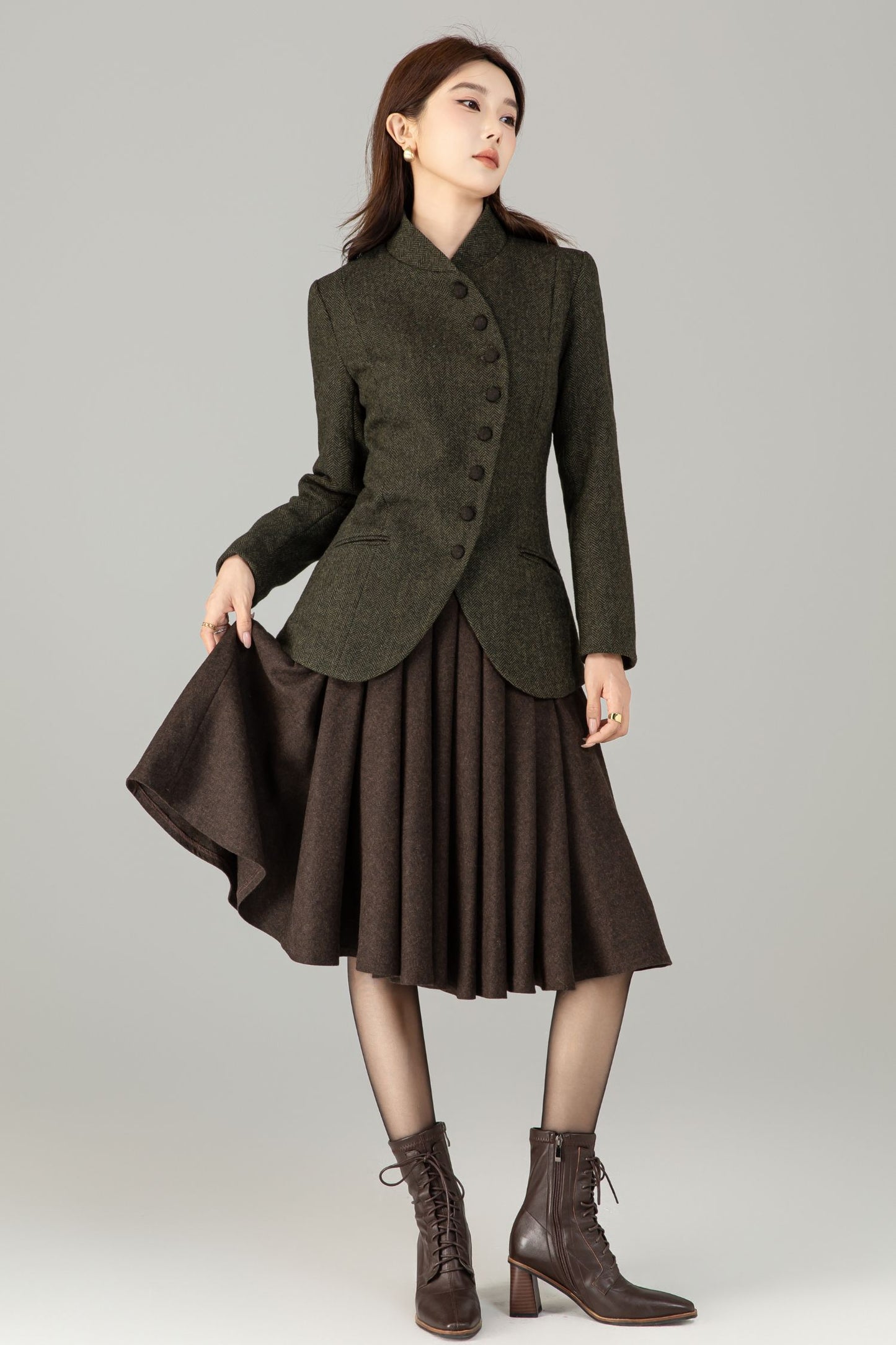 Handmade Wool Blend Herringbone Jacket – Vintage Short Coat | Xiaolizi 6496