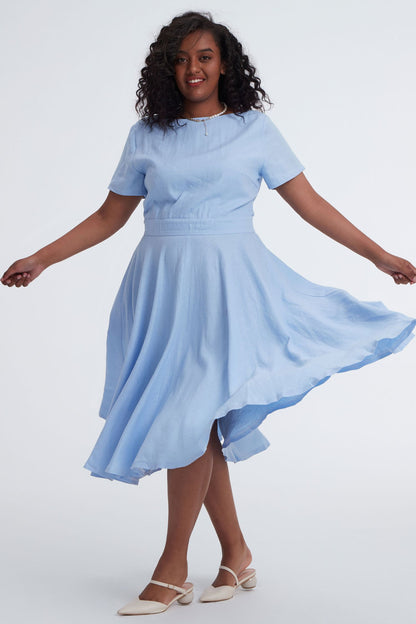 Blue Linen Midi Swing Dress - Boat Neck Pockets | Xiaolizi 3401
