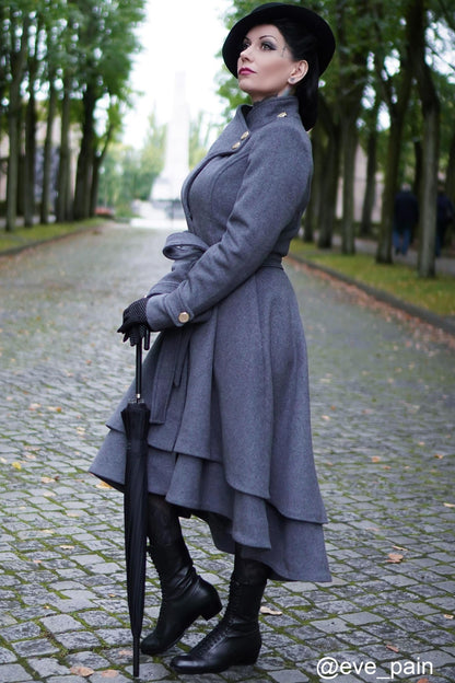 Grey Wool Coat - Tiered Hem, Self Tie Waist 2408
