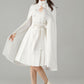 White Wool Cape Coat – Elegant Belted Winter Dress Coat | Xiaolizi 6575