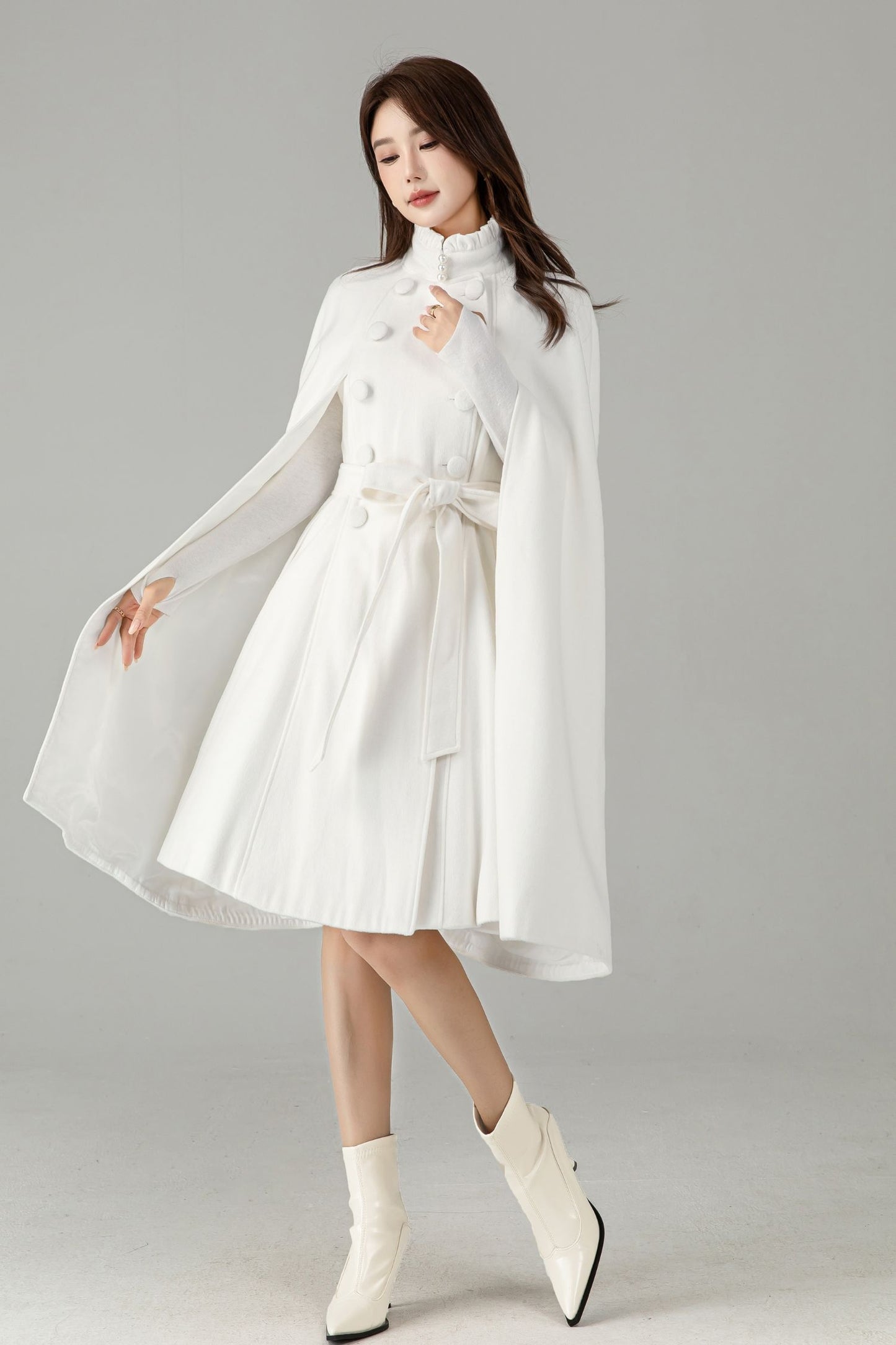 White Wool Cape Coat – Elegant Belted Winter Dress Coat | Xiaolizi 6575