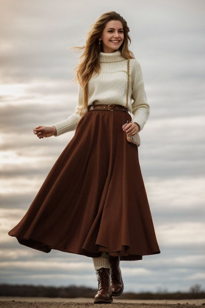Army Green Wool Midi Skirt - Fit and Flare with Pockets 5186