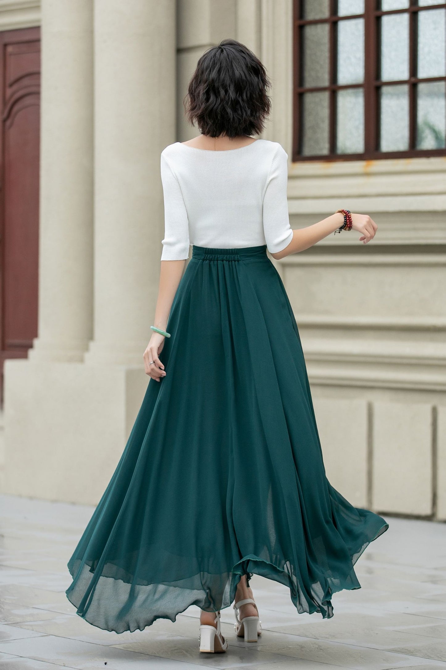 Maxi dark green summer chiffon skirt women 5220