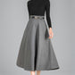 Classic A-Line Skirt in Gray Wool – High-Waist Belted Midi – 6354