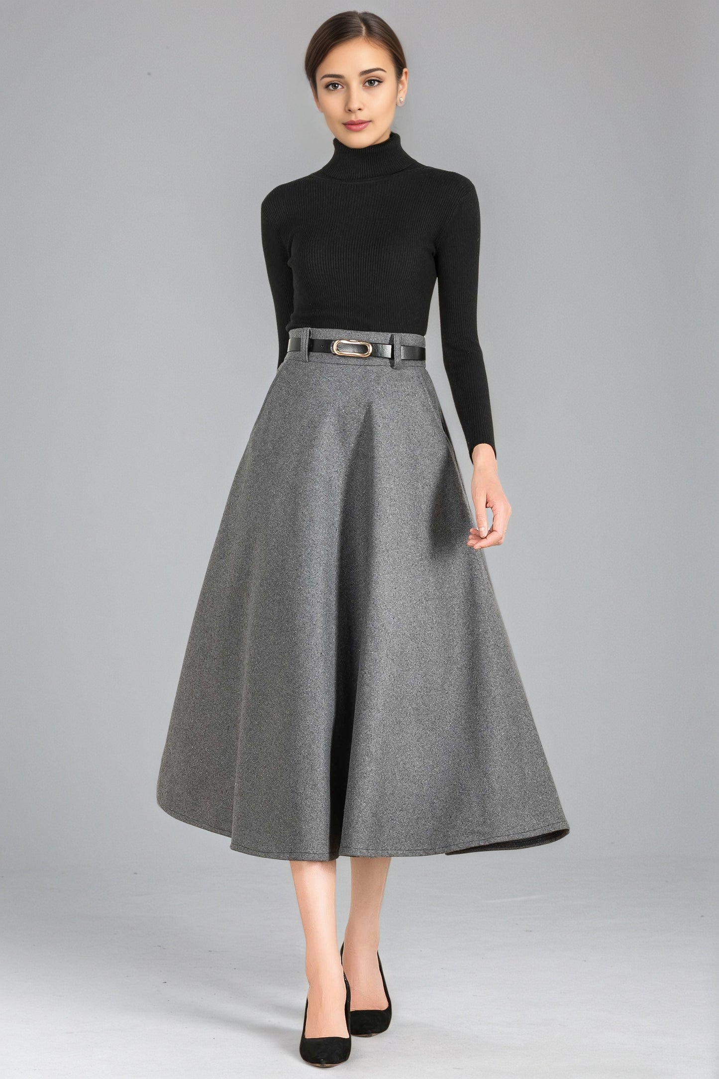 Classic A-Line Skirt in Gray Wool – High-Waist Belted Midi – 6354