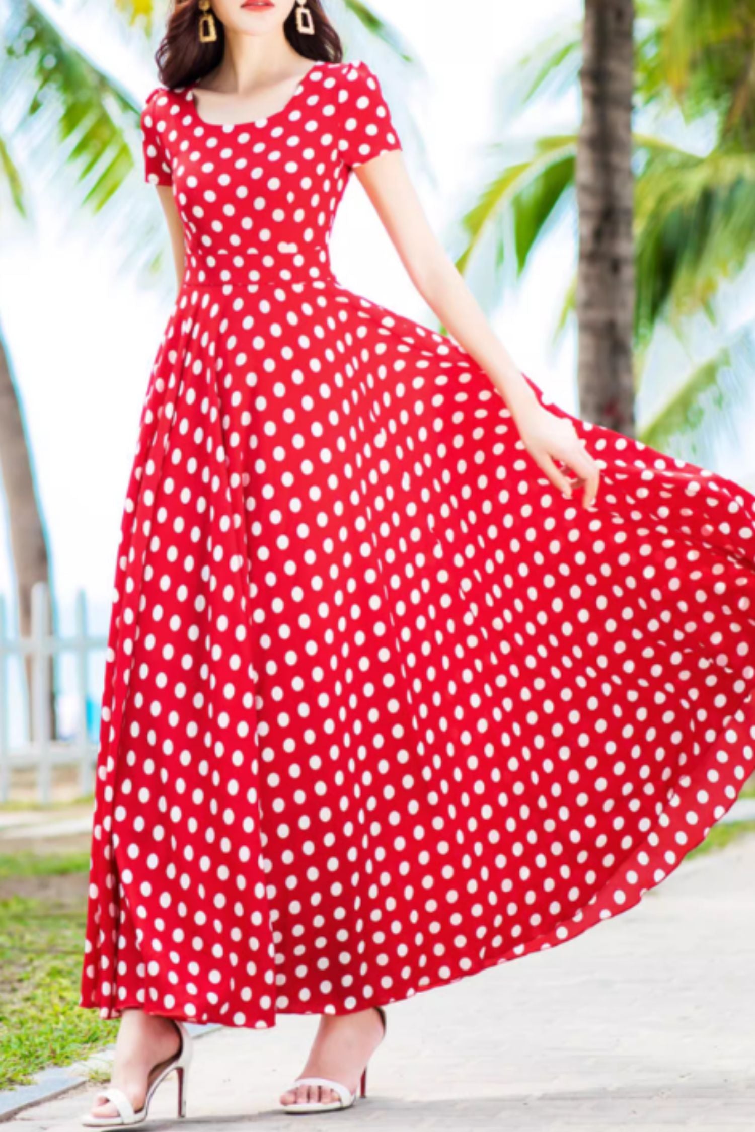 Red and white polka dot long chiffon dress 5157 Xiaolizi Red and white polka dot long chiffon dress 5157 Xiaolizi