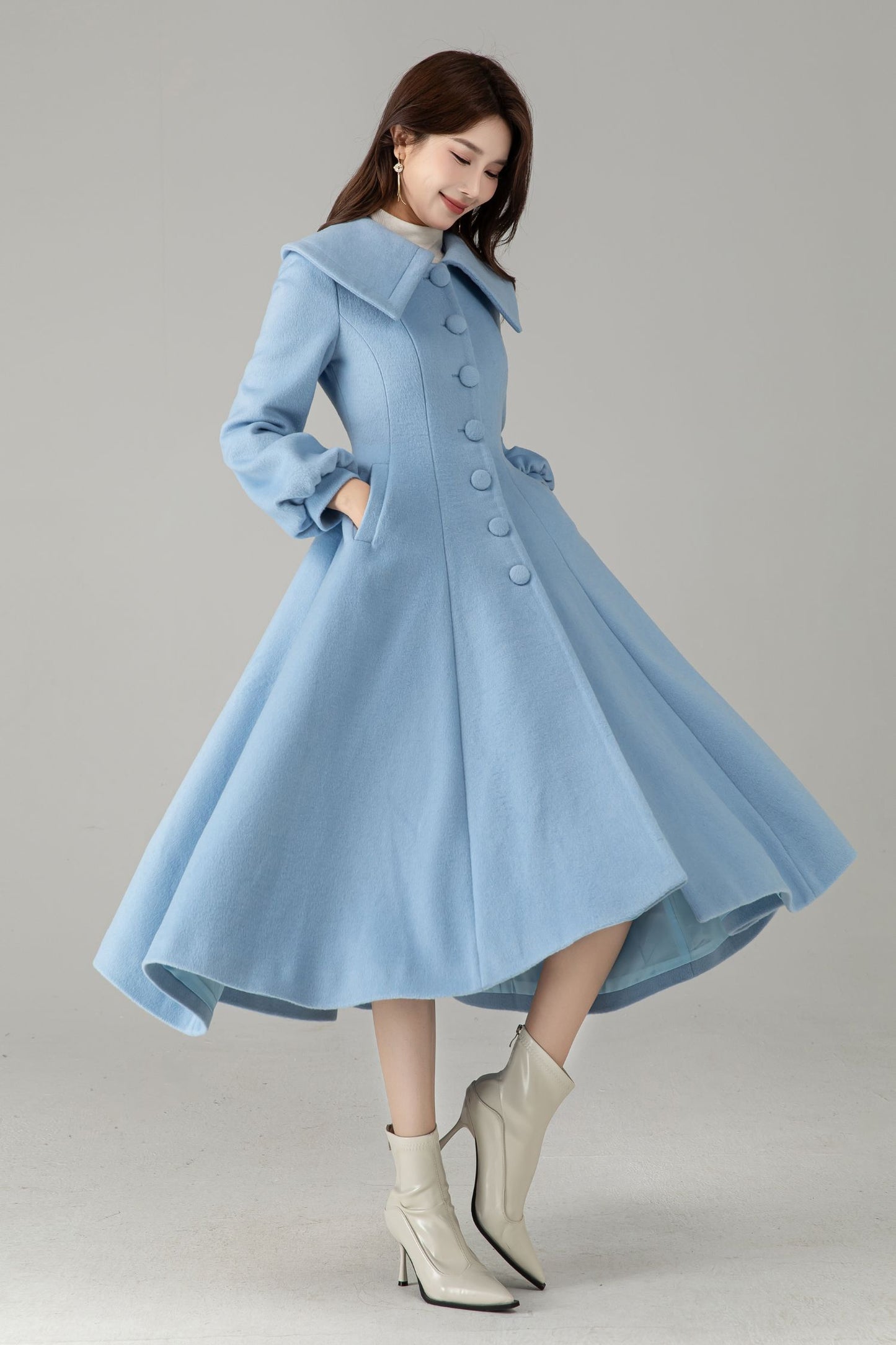 Sky Blue Wool Princess Coat – Vintage Fit and Flare Swing Winter Coat | Xiaolizi 6576