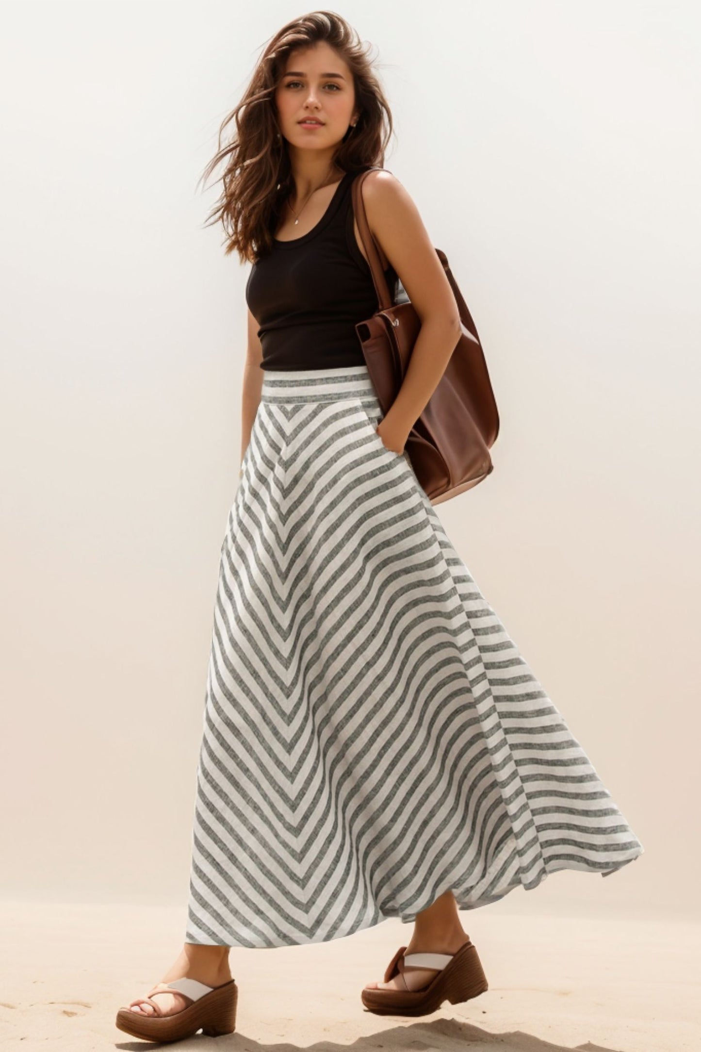 Maxi a line stripled summer linen skirt 5120