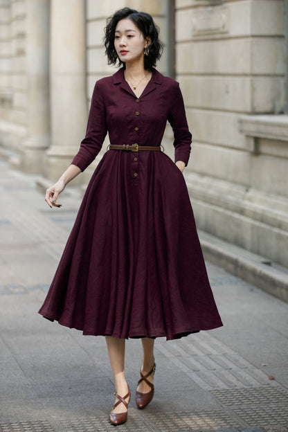 Burgundy Linen Shirt Dress for Women, Xiaolizi Belted A-Line Dress 6707