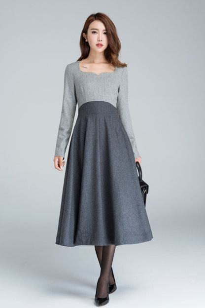 Gray Wool Midi Dress - A-Line Square Neck | Xiaolizi 1615