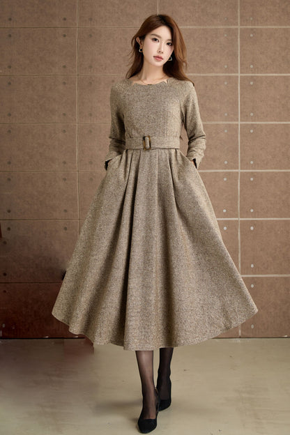 Handmade Wool Blend Dress – Elegant Camel Midi with Pockets 5361
