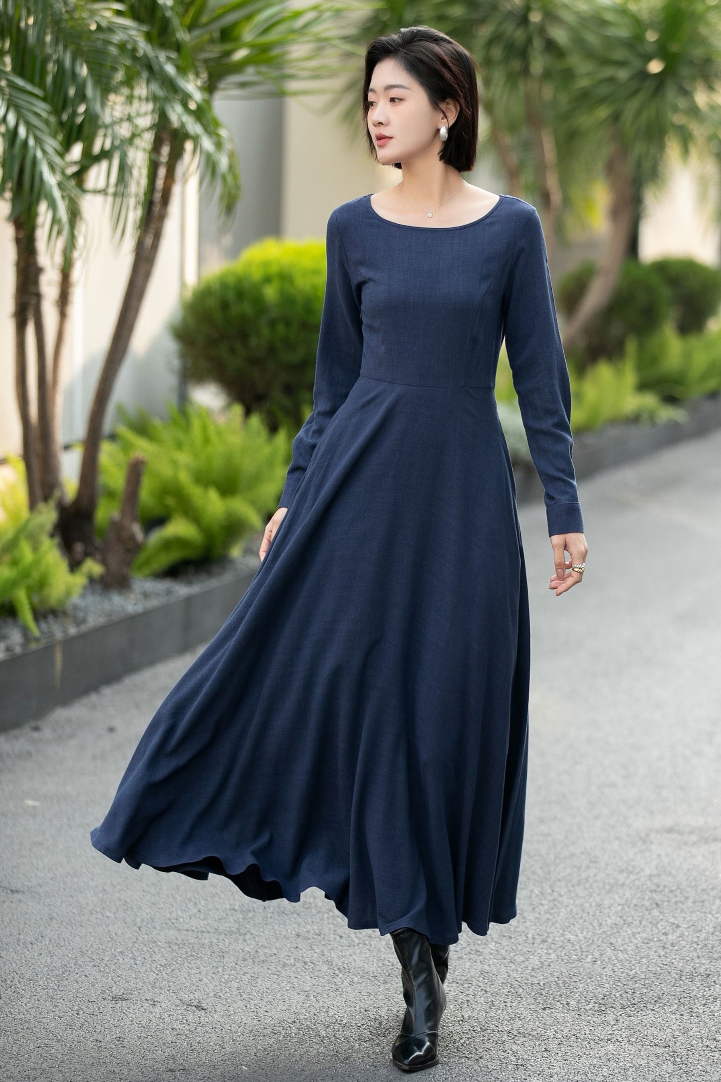 Navy Blue Linen Maxi Dress – Vintage Fit and Flare Long Sleeve Dress 6660