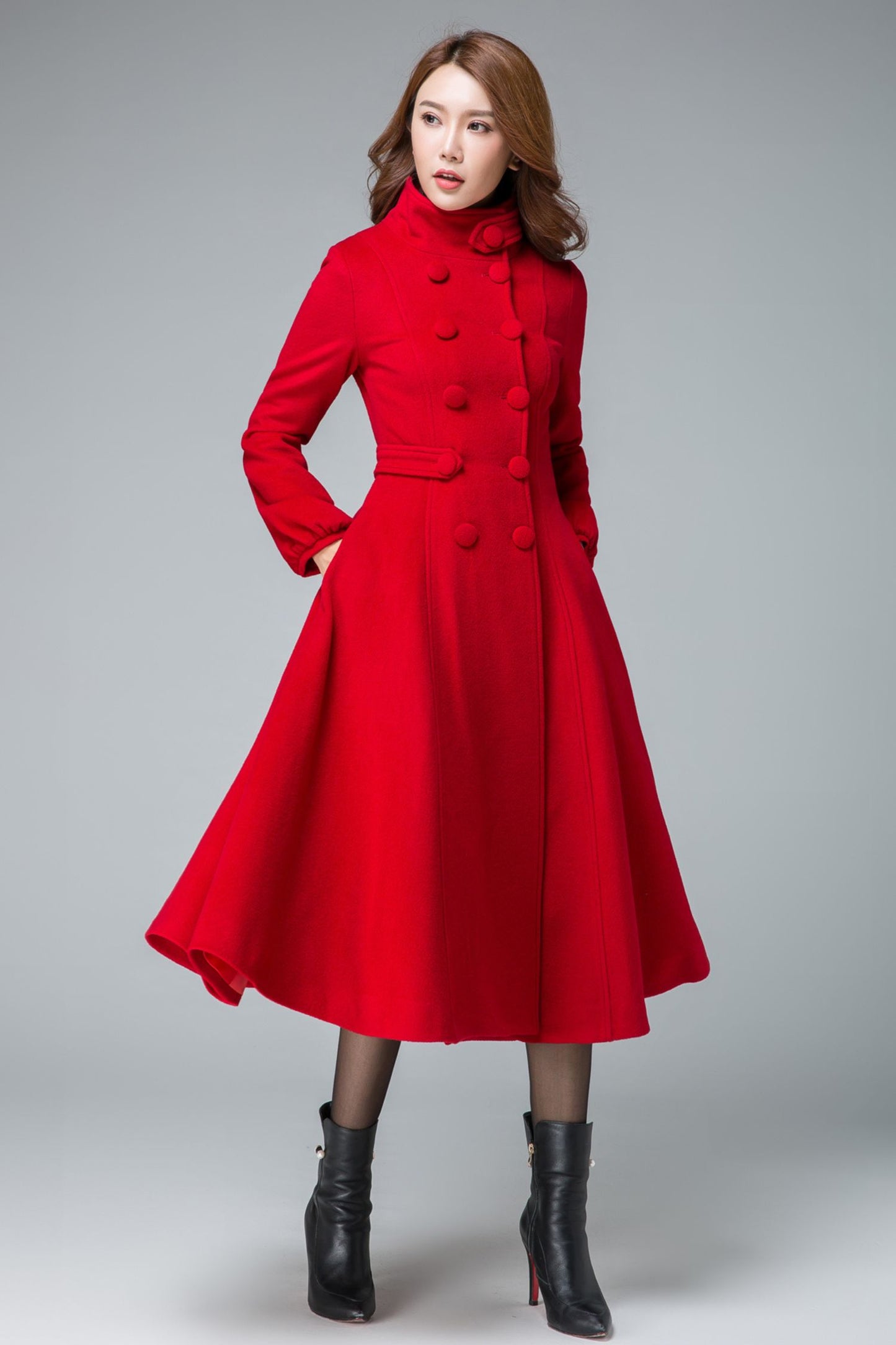 Red Fit and Flare Wool Long Winter Coat Women 1846#