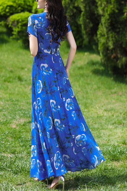 Blue Polyester Chiffon Maxi Dress - Floral Print Patchwork Ankle-Length 4992