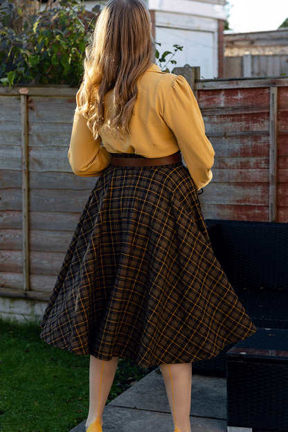 Black and Brown Wool Midi Circle Skirt - Plaid High Waist 4729