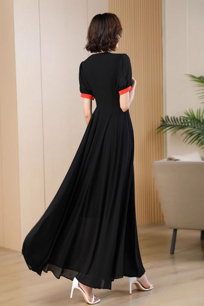 Maxi black bohemian swing chiffon dress 5049
