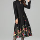 Timeless Black Wool Midi Dress – Floral Embroidery, A-Line Pleats – 6397