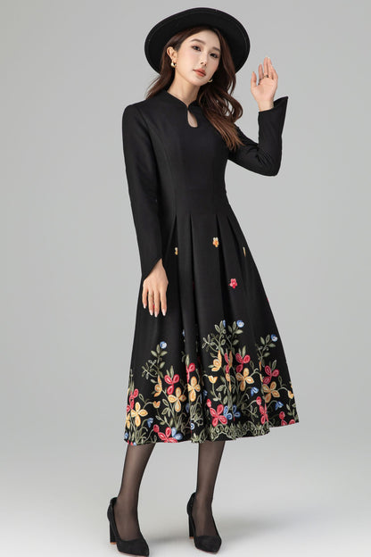 Black Wool Midi Dress - Floral Embroidery, Pleated A-Line Skirt 6397