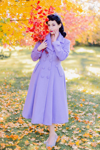 Purple Wool Long Coat - Double Breasted Fit and Flare Silhouette 3256