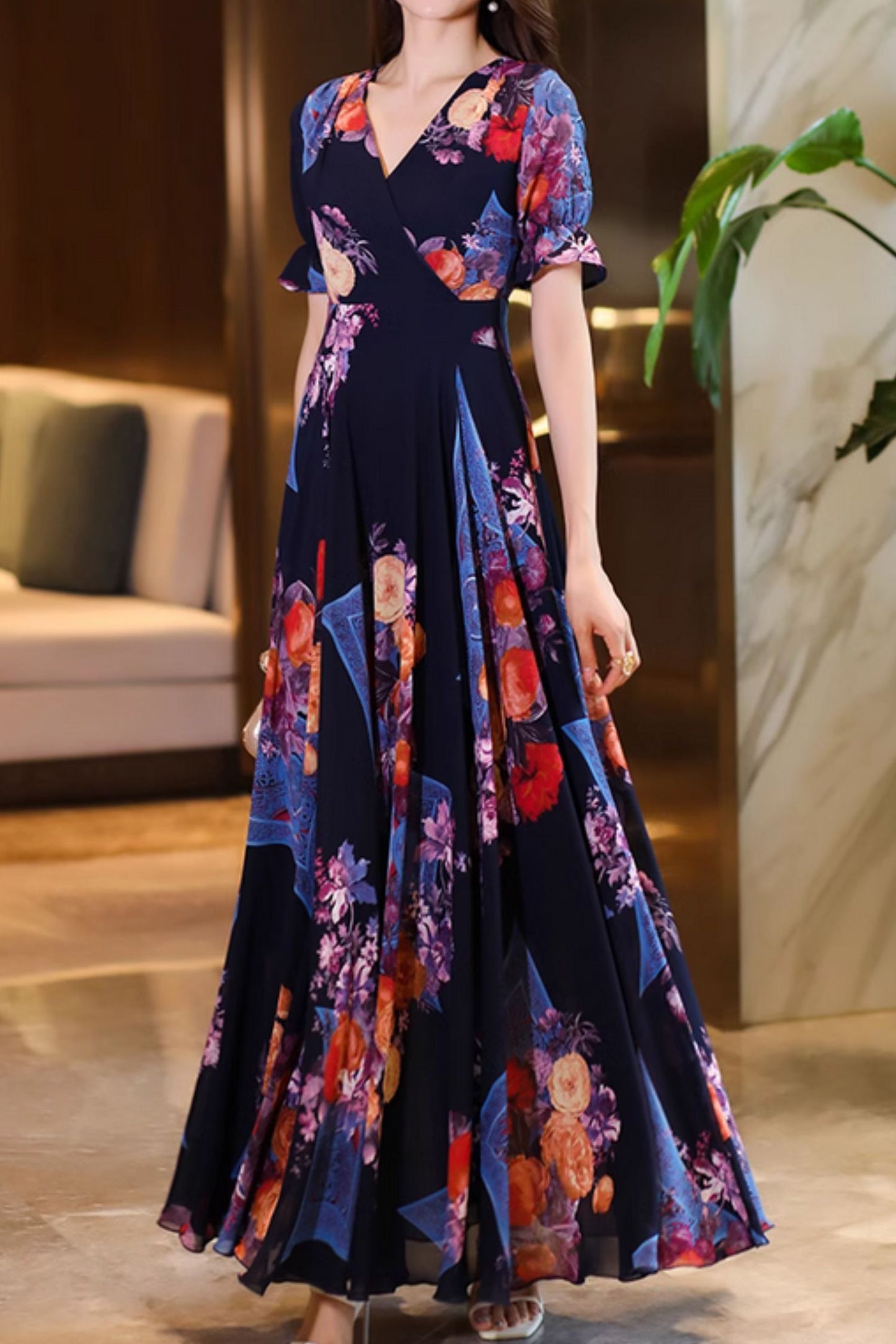 Floral printed prom maxi chiffon dresses 4996