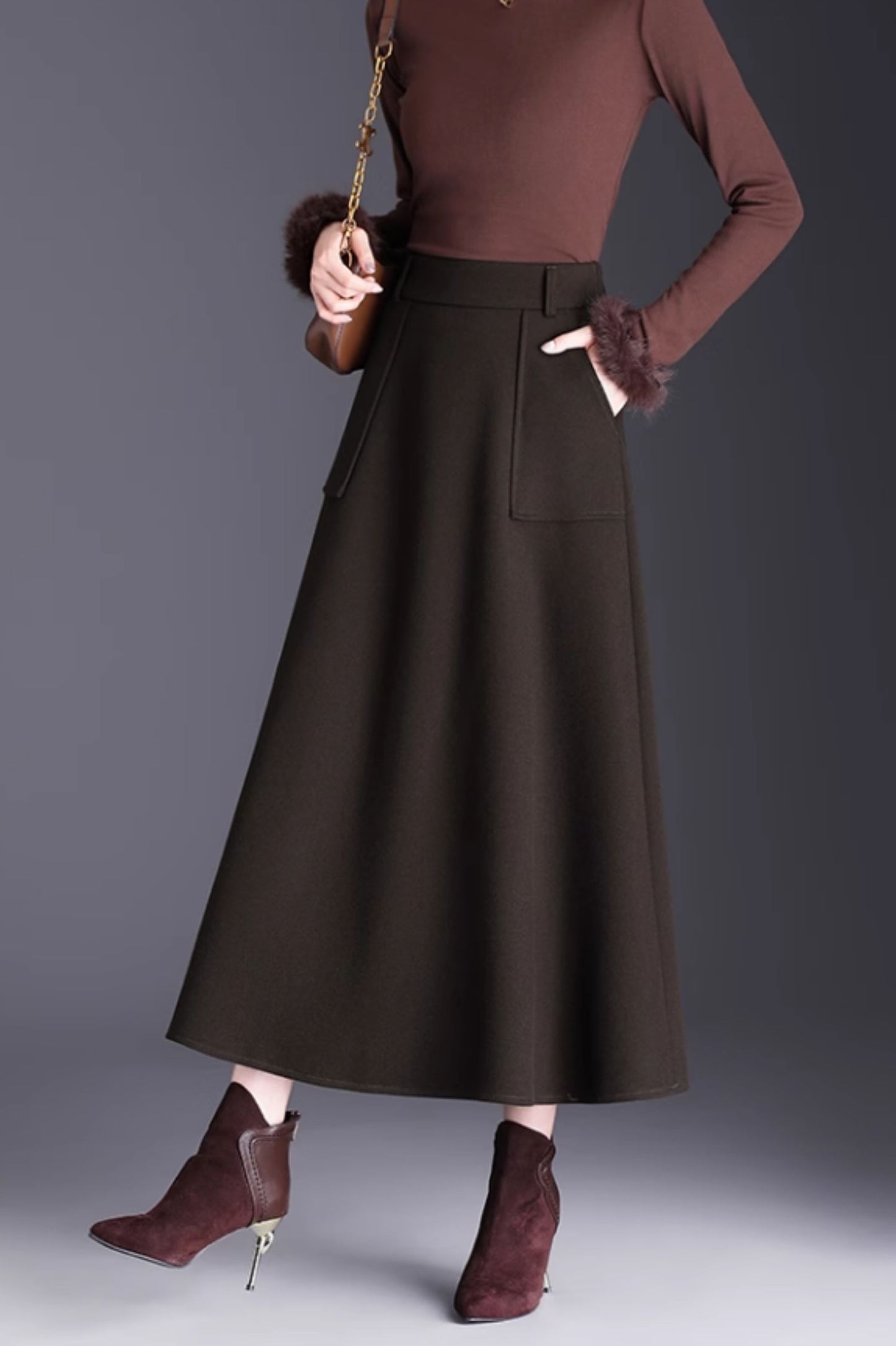Brown Wool A-Line Midi Skirt with Pockets - Winter Warmth 6141