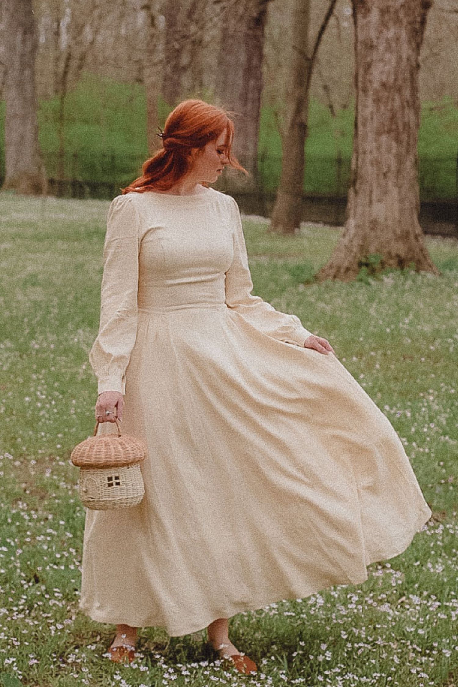 Beige Linen Maxi Dress - Pleated Waist & Lantern Sleeves 3498