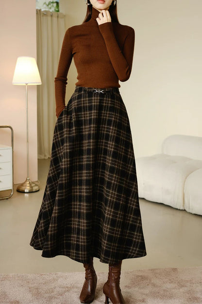Brown Plaid Wool Blend Midi Skirt - Vintage A-Line women Skirt Winter 7020