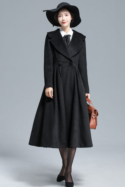Vintage Black Wool Blend Coat – Elegant Double-Breasted Fit & Flare Maxi Coat | Xiaolizi 3130