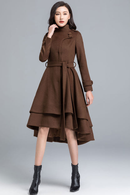 Brown Wool Coat - Asymmetrical Tiered Hem with Self Tie Belt c2491