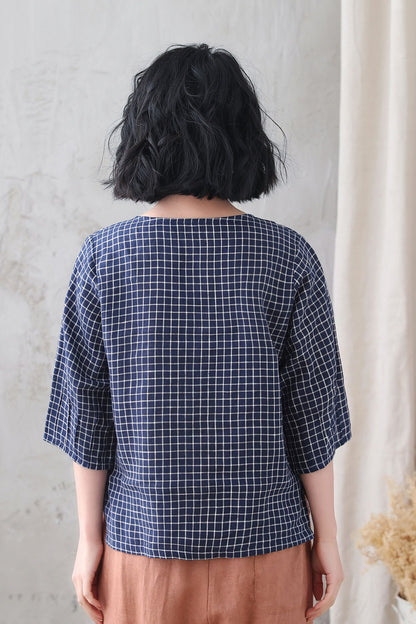 Navy Check Linen Blouse – Loose Fit Summer Top with 3/4 Sleeves 3336