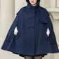 Blue Hooded Wool Cape Coat Women 5353