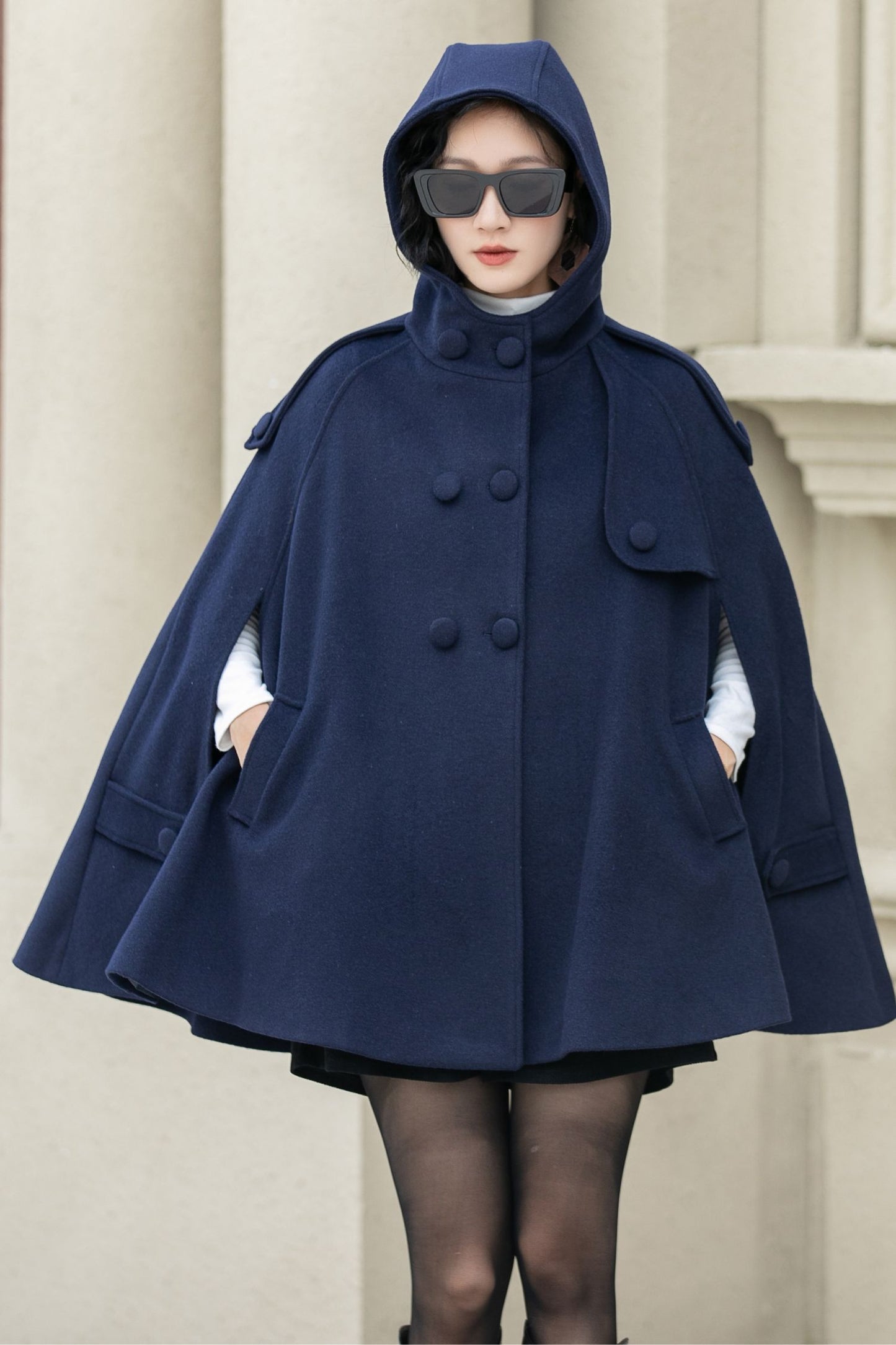 Blue Hooded Wool Cape Coat Women 5353