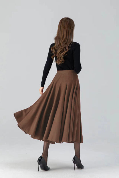 Brown Wool Midi Skirt – High Waist Flared A-Line Skirt | Vintage Winter Style 5392