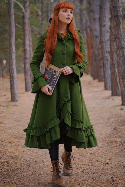 Green Wool Coat with Hood and Ruffled Trim - Long, Flowy Silhouette 3967