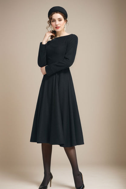 Black Wool Dress - Long Sleeve Boat Neck Midi Fit & Flare 5226