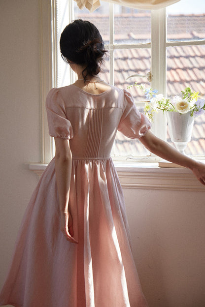 Pink Linen Midi Dress - Fit and Flare, Button Closure HY0037