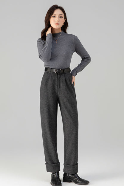 Charcoal Wool Long Pants - Warm Full-Length Tailored Fit 6461