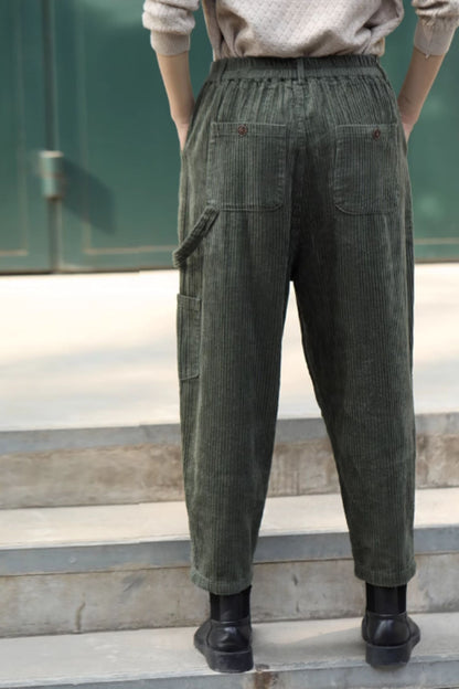 Olive Wool Corduroy Wide Leg Pants - Back Elastic Waist 5593
