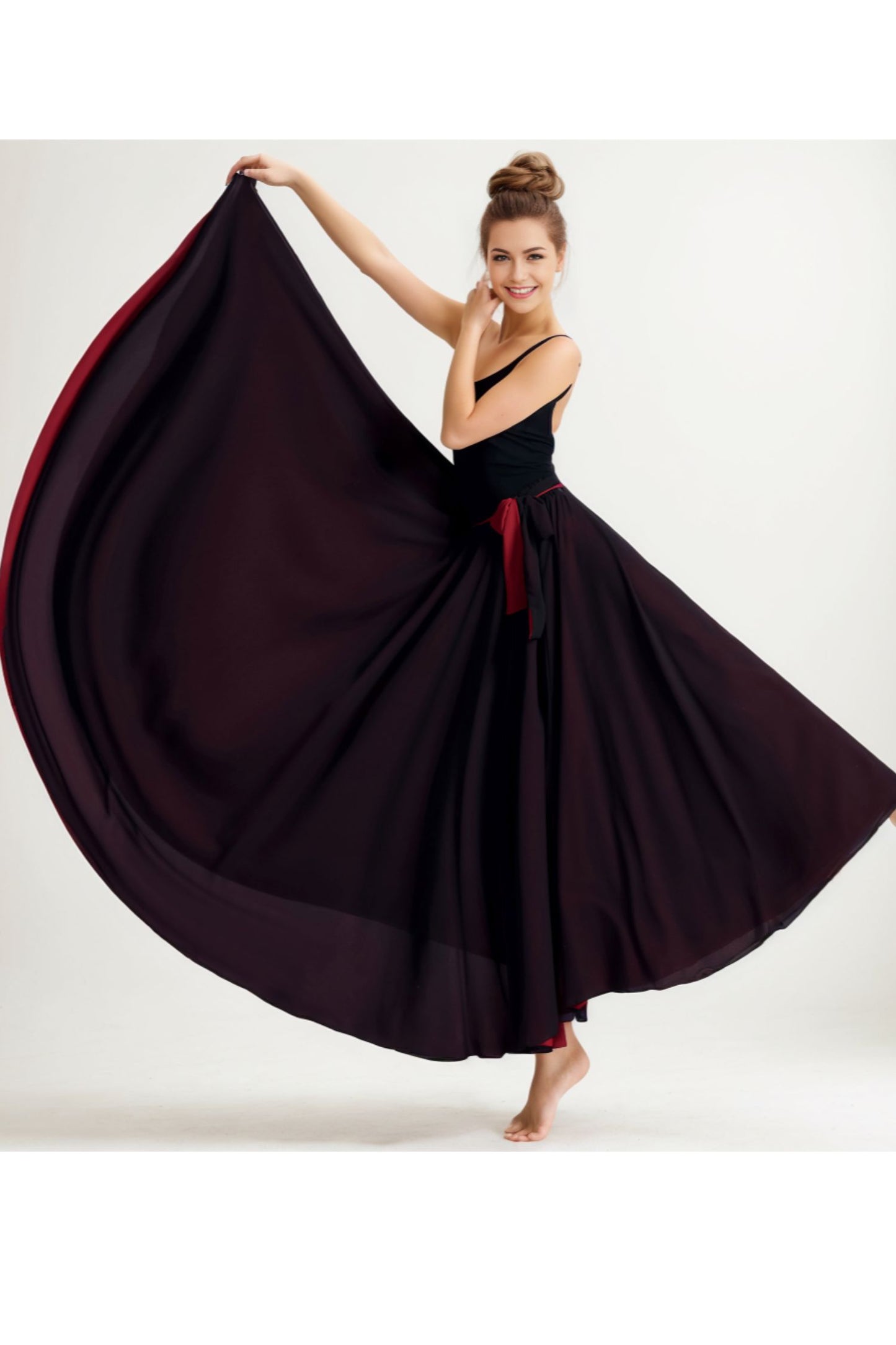 Black and red long swing chiffon skirt 3390