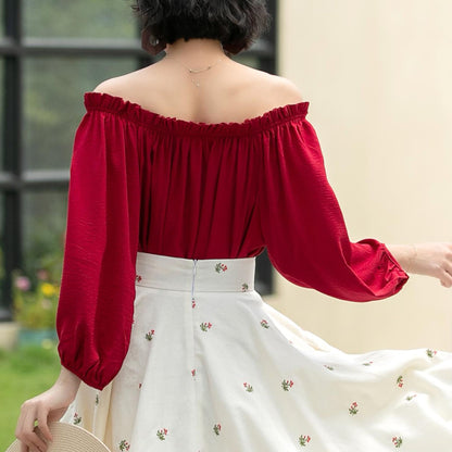 Red Linen Cotton Off-Shoulder Blouse - Ruffled Neckline, Lantern Sleeves 6058