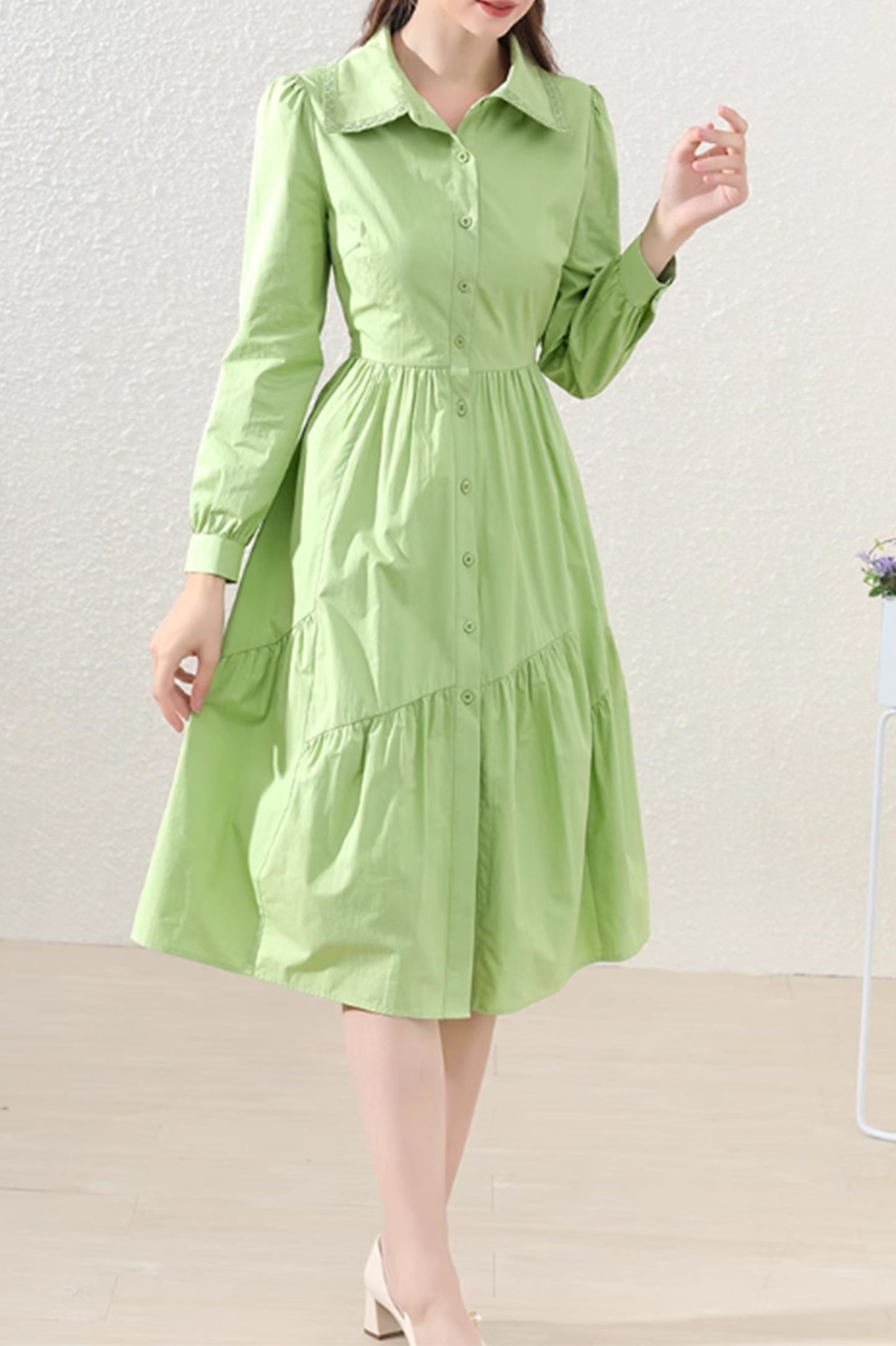 Green button up shirt dress women 4884