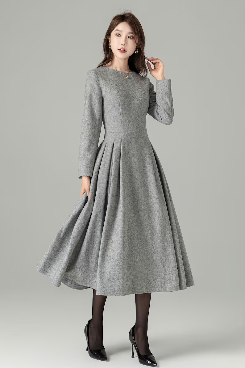 Long Gray Wool Dress, Swing Wool Dress 4495